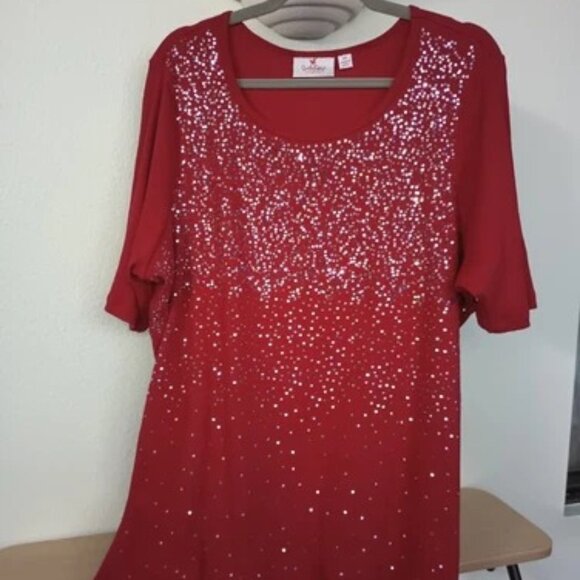 Quacker Factory 2x Red Ribbed Knit Sequin Tunic Top 30" Length Plus 22/24 QVC - Picture 1 of 9